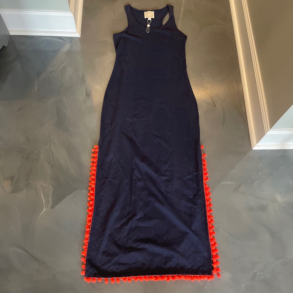 Sail to Sable Navy Blue Orange Pom Pom Trim Cotton Racerback Maxi Dress XS NEW